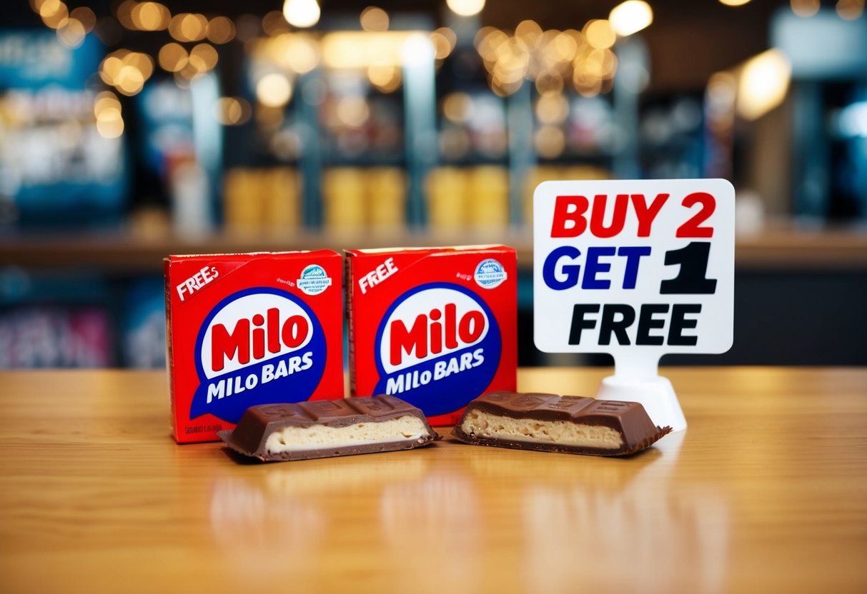 Three Milo bars arranged in a row, with a "Buy 2 Get 1 Free" sign next to them