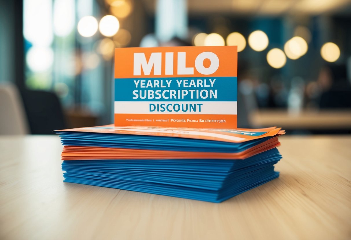 A stack of colorful flyers advertising "Milo Yearly Subscription Discount" promotions