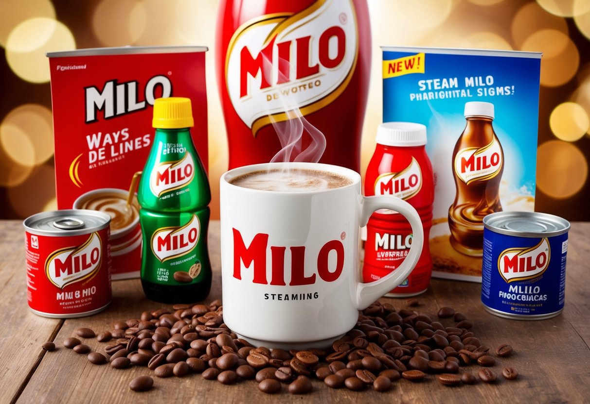 A steaming mug of Milo surrounded by various Milo products and promotional signs