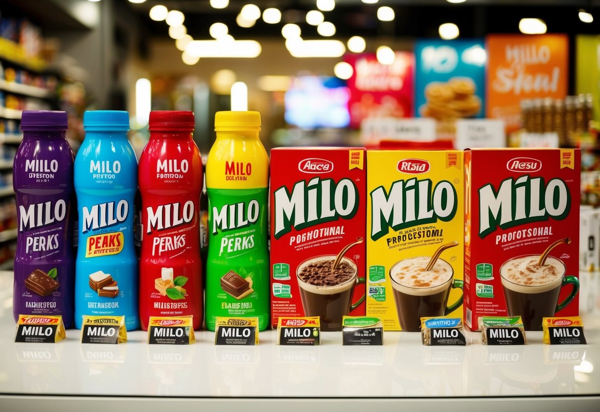 A colorful display of Milo products with promotional signs and perks
