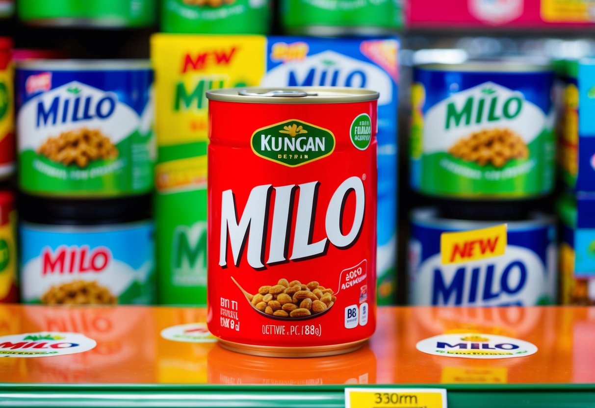 A bright red can of Milo sits on a grocery store shelf, surrounded by colorful promotional signs and stickers