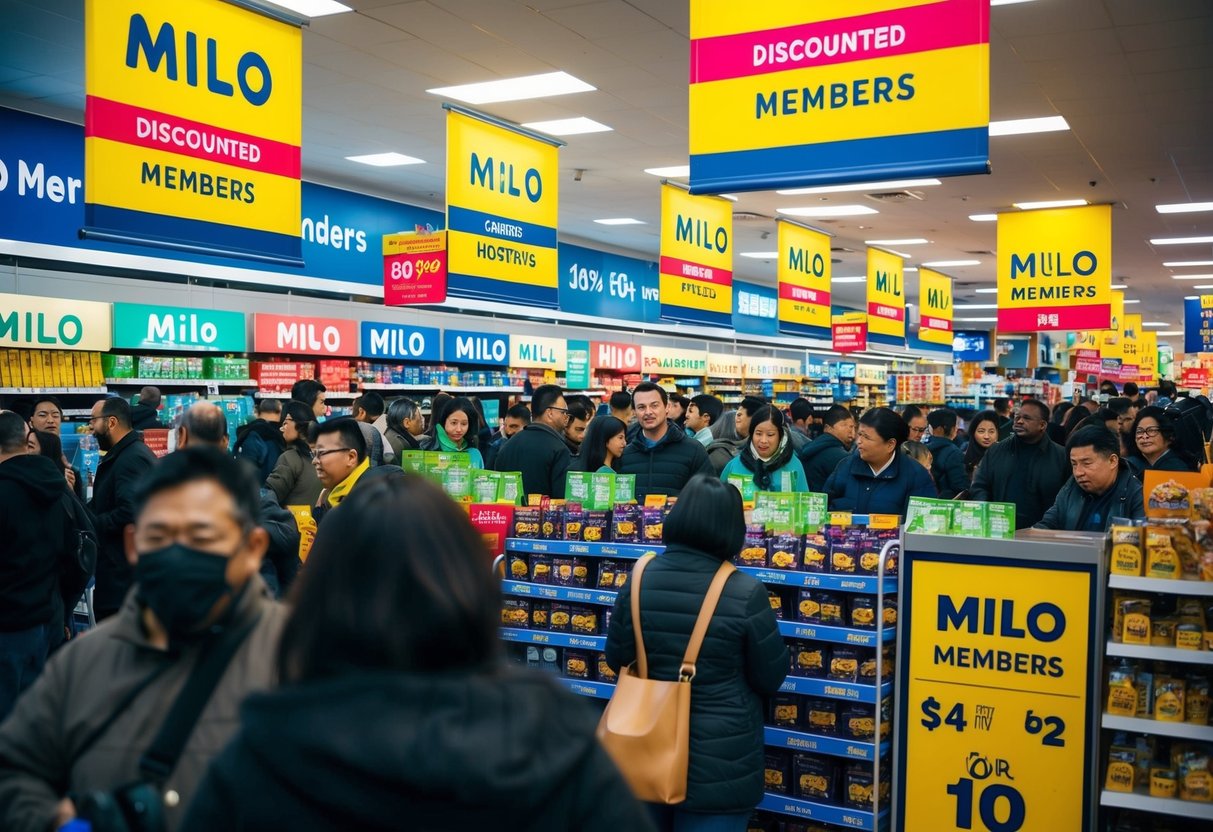 A crowded store with bright banners and shelves of discounted items for Milo members