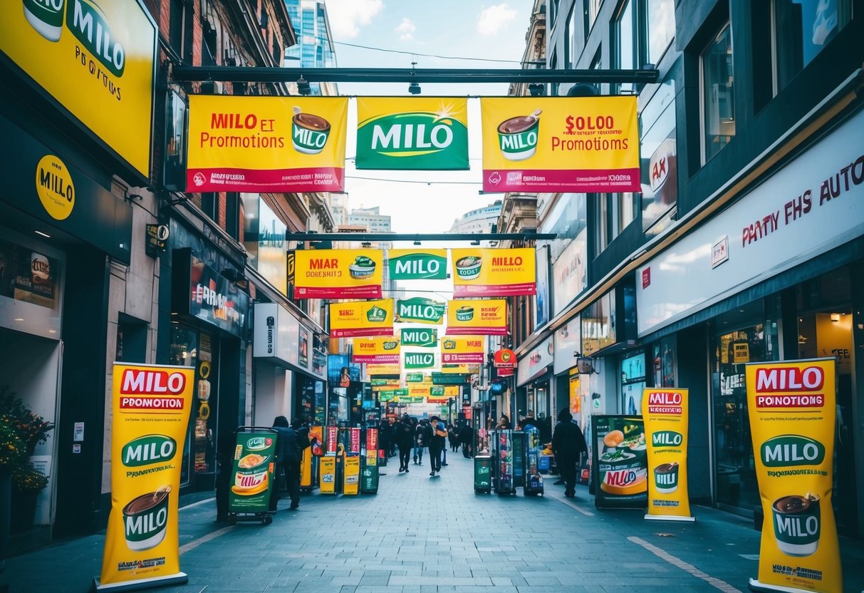 A bustling city street with colorful banners and promotional materials for Milo Promotions displayed in storefronts and on billboards