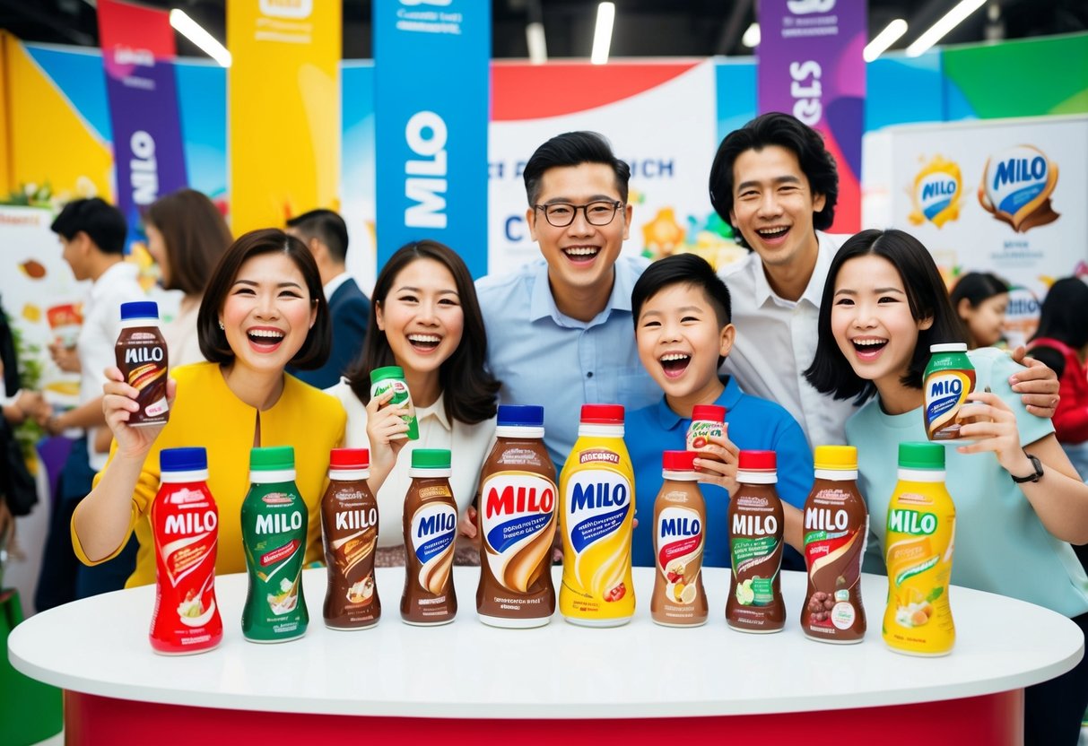 A cheerful family enjoying various Milo products at a promotional event, surrounded by colorful banners and displays