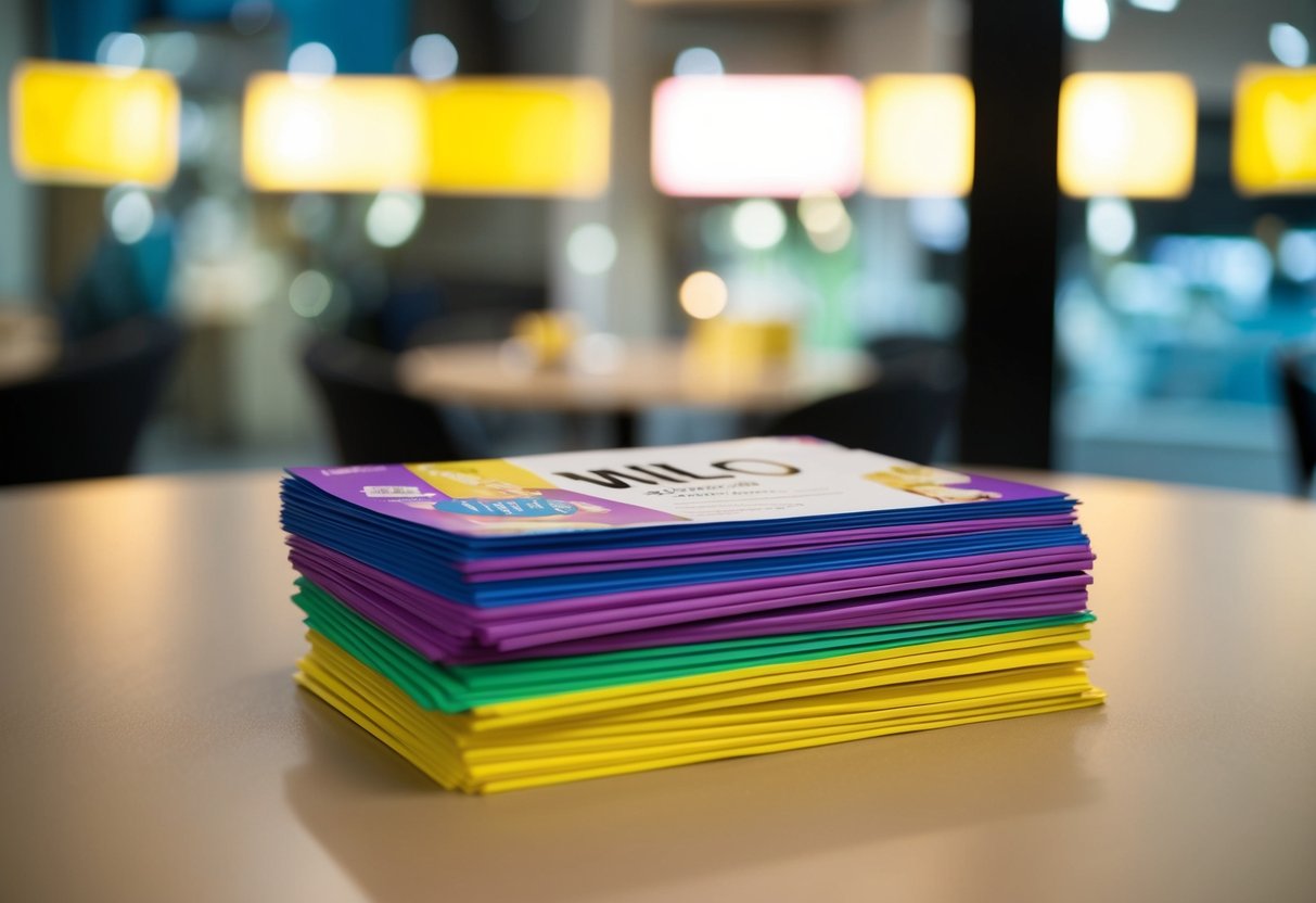 A stack of colorful promotional flyers for "Milo" arranged neatly on a table