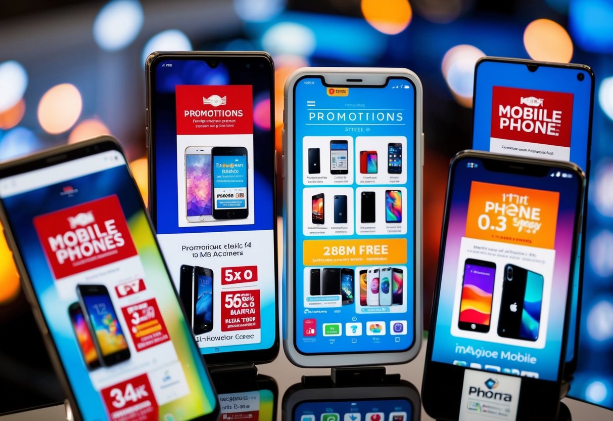 A collection of mobile phones with various promotions displayed on screens
