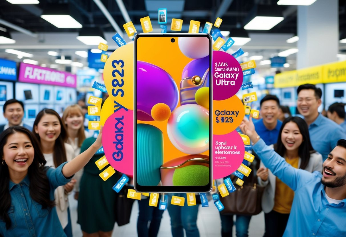 A sleek Samsung Galaxy S23 Ultra surrounded by vibrant promotional graphics and surrounded by excited customers in a bustling electronics store