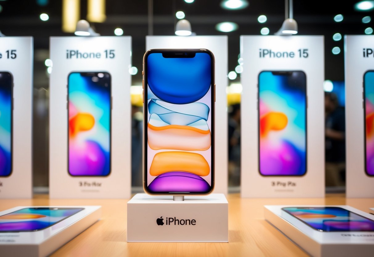 A sleek iPhone 15 Pro Max displayed with promotional materials in a brightly lit store window