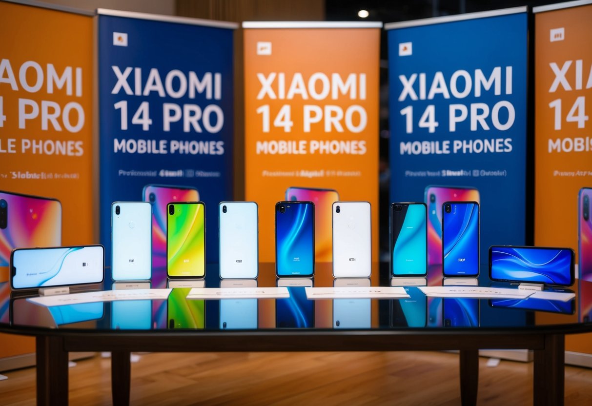 A table with various Xiaomi 14 Pro mobile phones displayed, surrounded by promotional banners and posters
