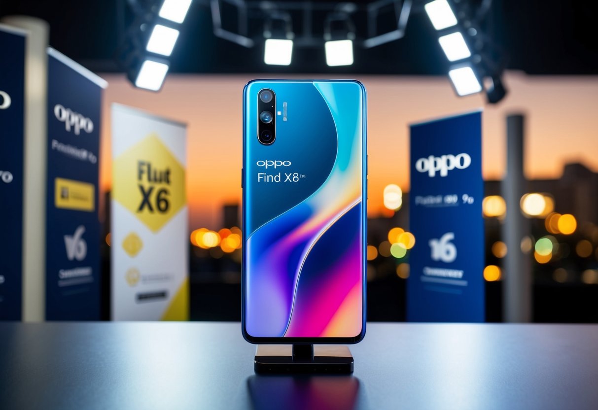A sleek Oppo Find X6 Pro mobile phone displayed with promotional banners and spotlights