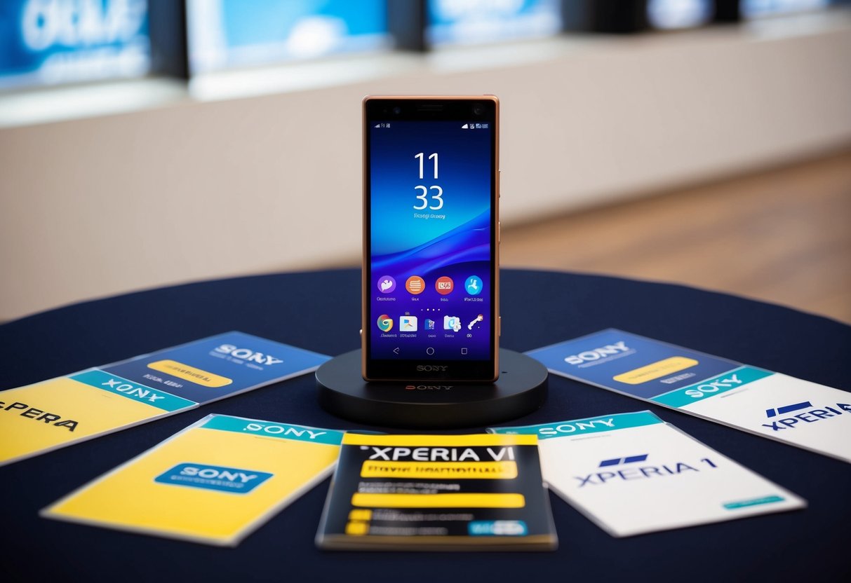 A table with the Sony Xperia 1 VI phone surrounded by promotional materials and logos