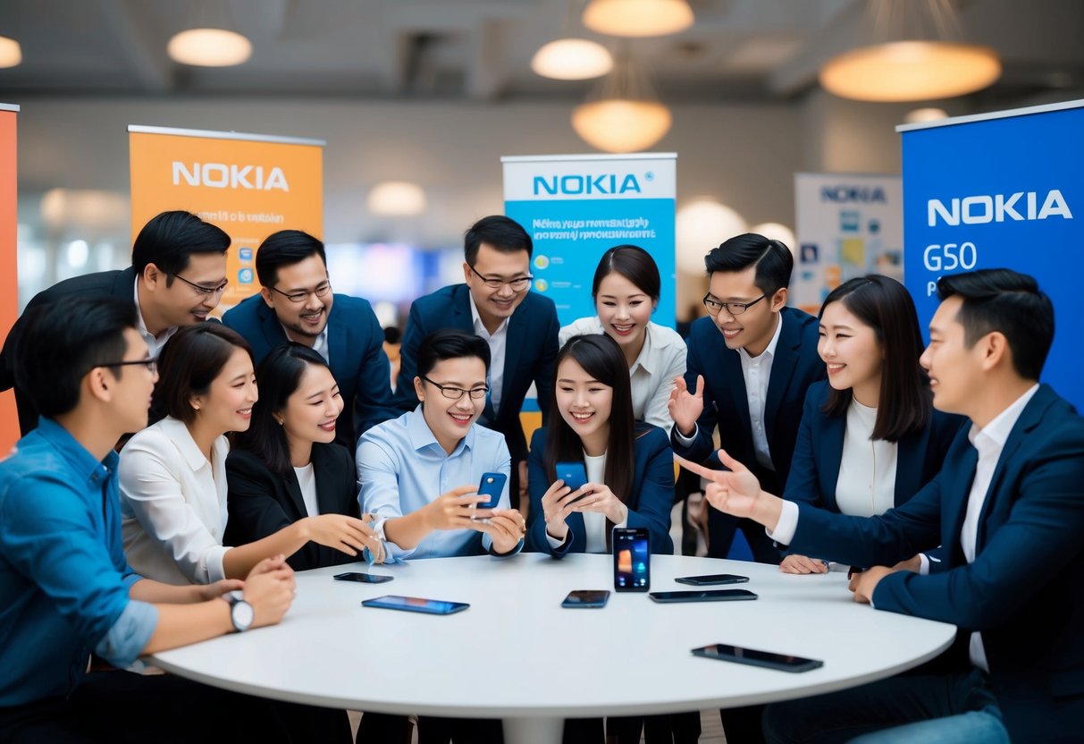 A group of people gathered around a table, excitedly discussing the features of the Nokia G50 mobile phone while promotional banners hang in the background