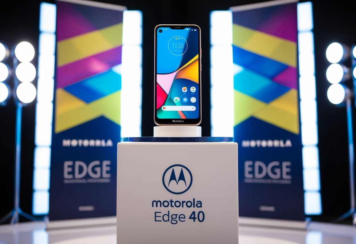 A sleek Motorola Edge 40 phone sits on a pedestal, surrounded by vibrant promotional banners and spotlights