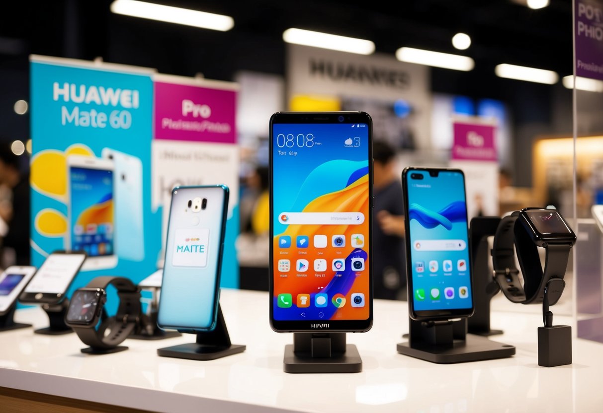 A sleek Huawei Mate 60 Pro phone displayed with promotional banners and accessories on a well-lit retail counter