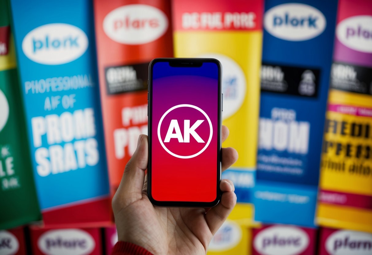 A mobile phone surrounded by colorful promotional banners and logos