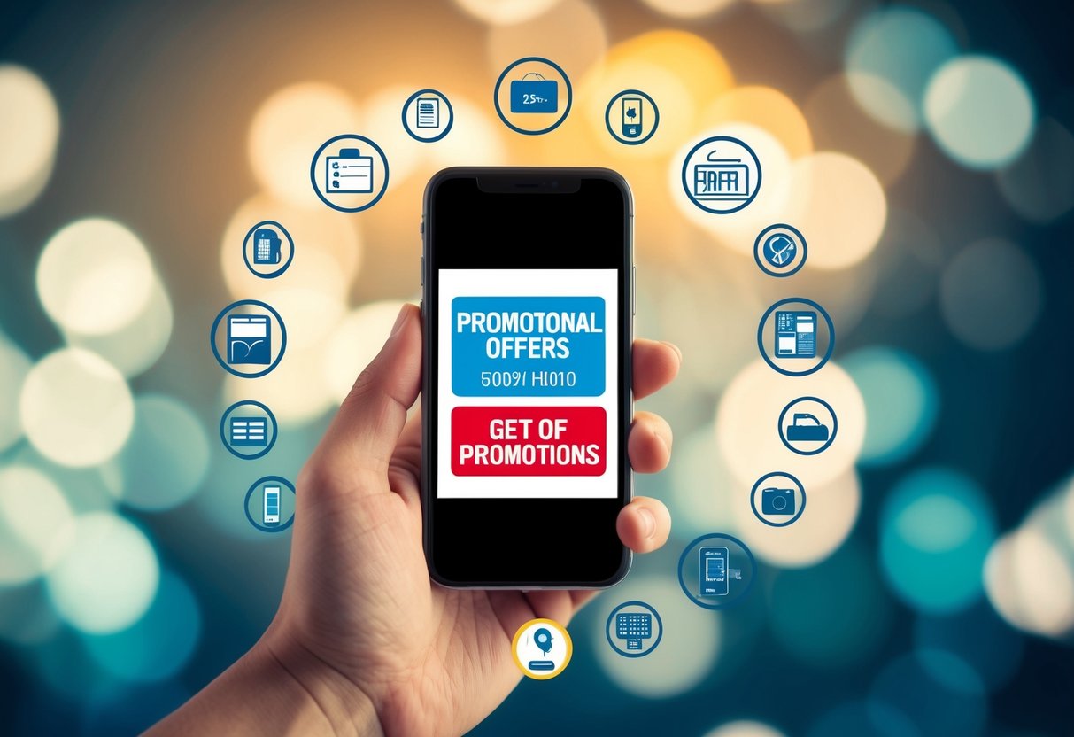 A hand holding a mobile phone with promotional offers displayed on the screen, surrounded by various icons representing different types of promotions