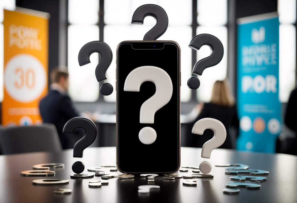 A mobile phone surrounded by question marks, with promotional banners in the background