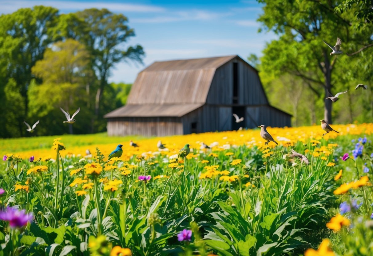 Lush green fields with colorful flowers, surrounded by trees and chirping birds. A rustic barn sits in the background, with a clear blue sky overhead
