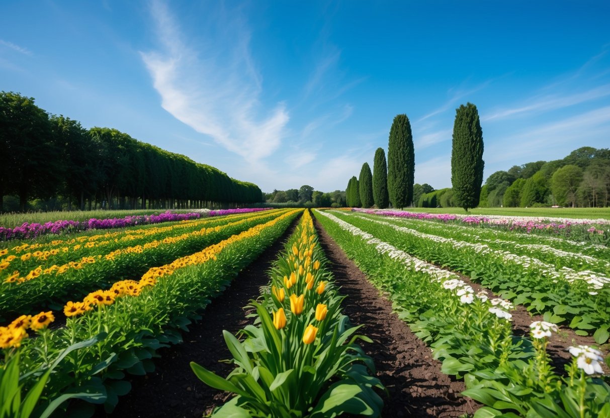 A lush green field with rows of colorful flowers and plants, surrounded by tall trees and a clear blue sky overhead