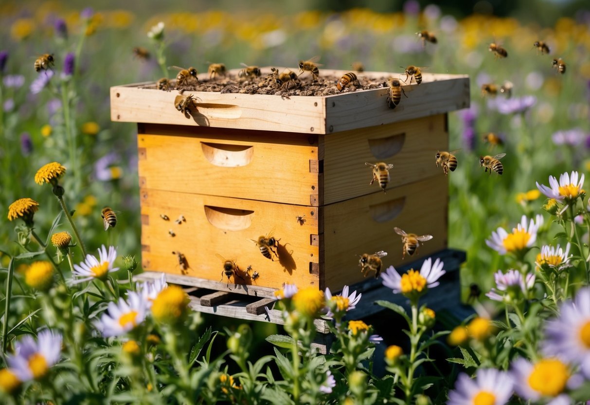 A busy beehive surrounded by blooming wildflowers, with bees buzzing around collecting nectar to make farm fresh honey