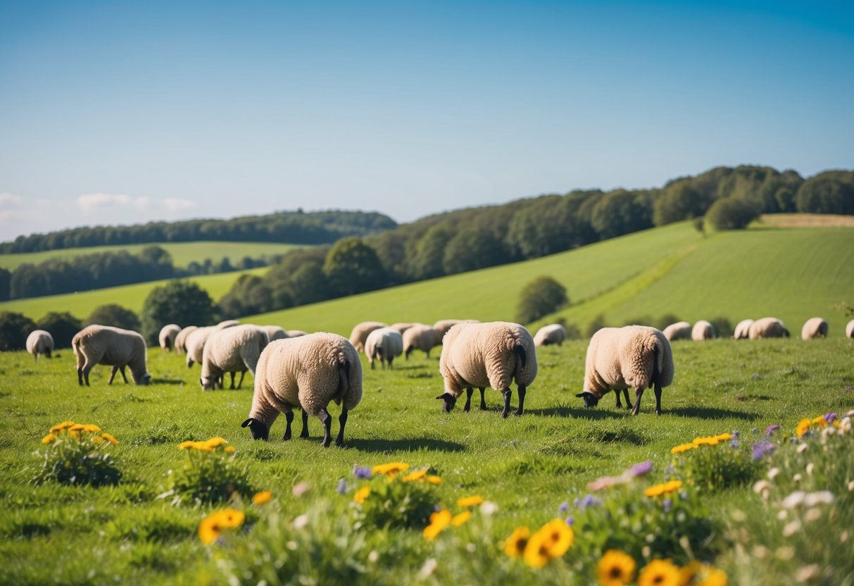 A serene farm scene with sheep grazing on rolling green hills, surrounded by colorful wildflowers and a clear blue sky