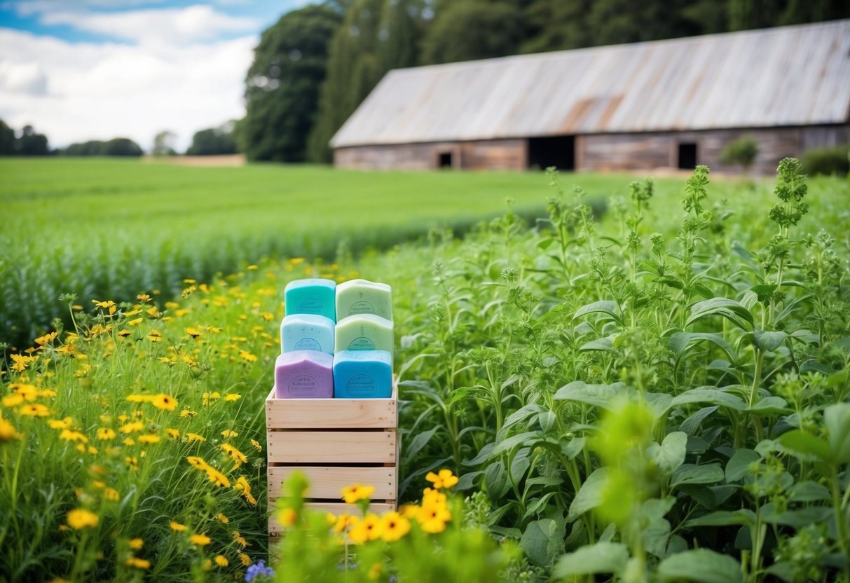 Lush green fields surround a rustic farm building, where colorful herbal soaps are displayed. Wildflowers and herbs grow abundantly in the foreground