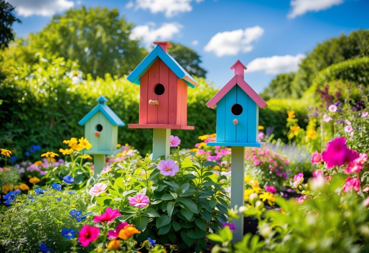 A lush garden with colorful birdhouses nestled among blooming flowers and greenery. Blue sky and sunshine overhead