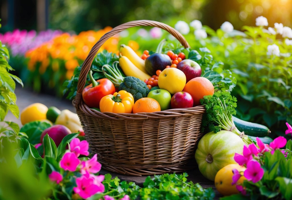 A colorful array of fresh fruits and vegetables overflowing from a rustic wicker basket, surrounded by blooming flowers and lush greenery