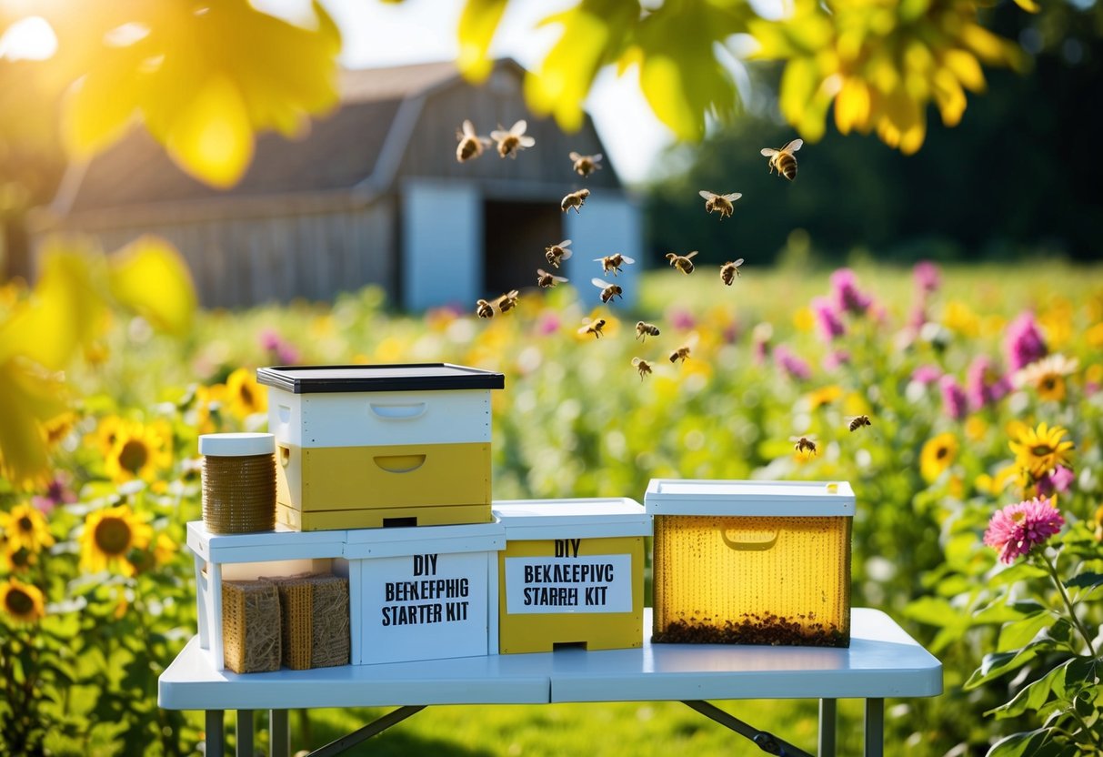 A sunny farm with blooming flowers, buzzing bees, and a table displaying DIY beekeeping starter kits for sale