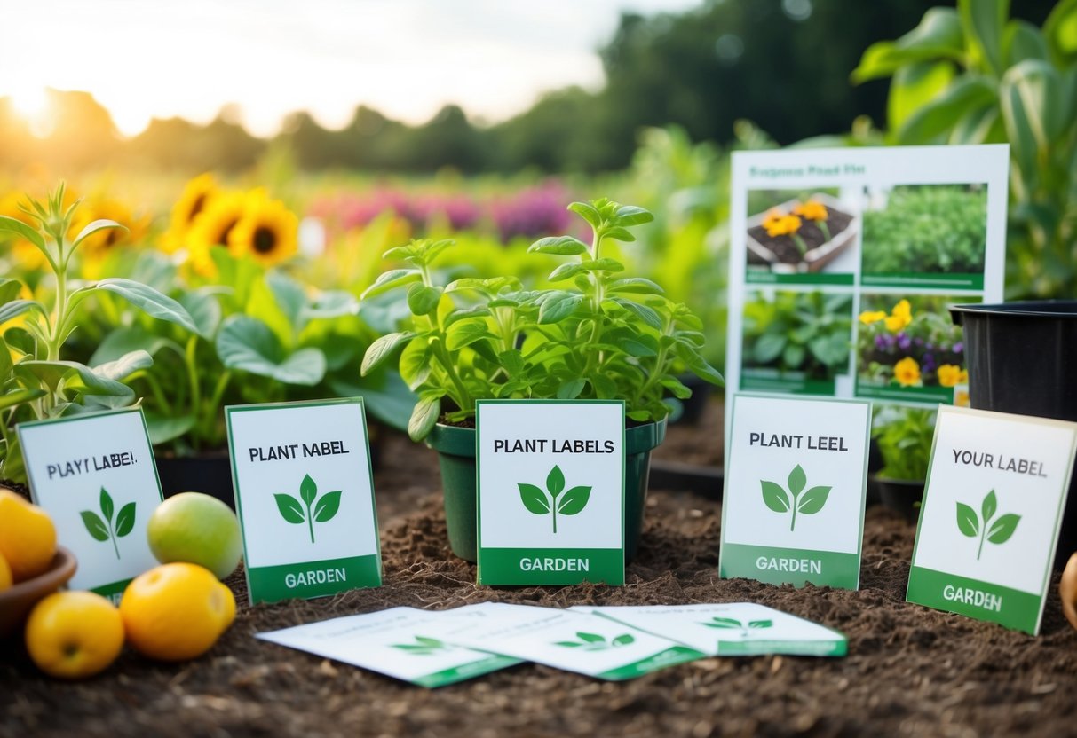 A garden with customisable plant labels, surrounded by nature and farm elements, with promotional materials displayed