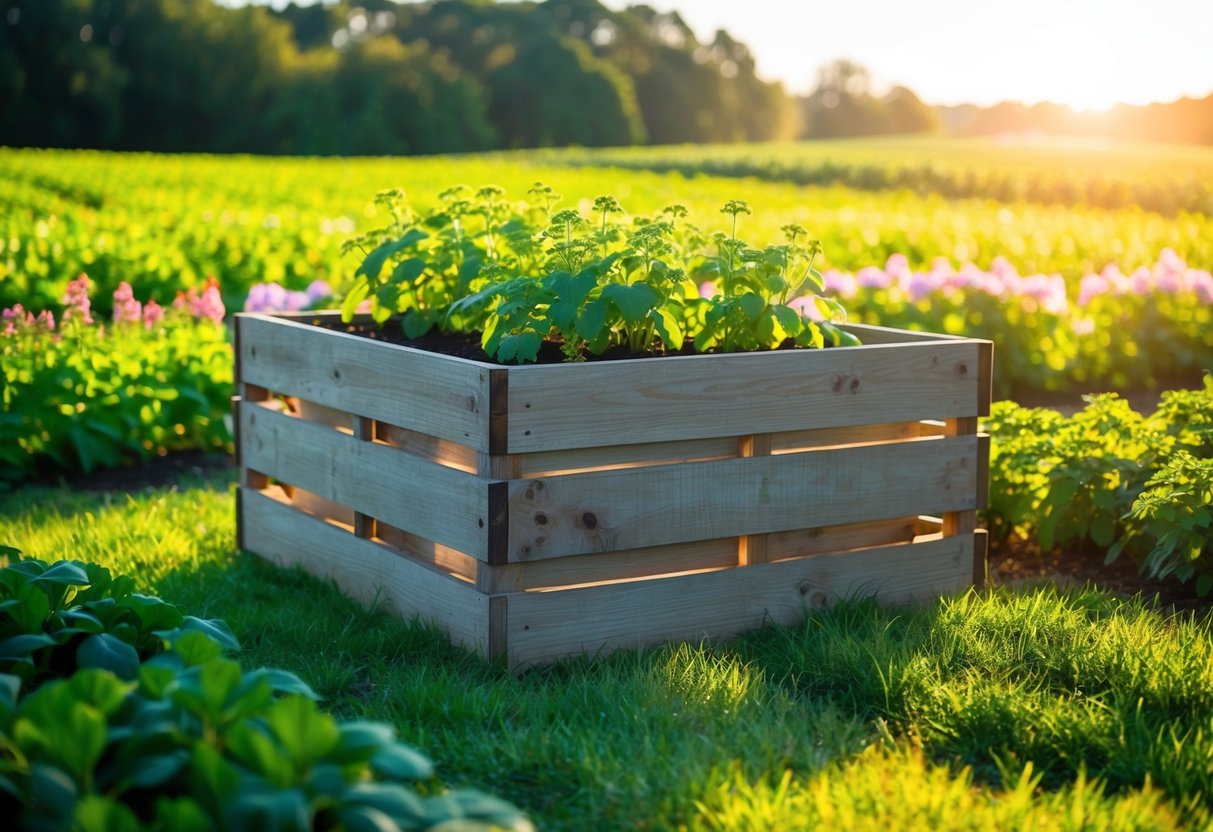 A rustic wooden planter sits on a lush farm, surrounded by vibrant greenery and blooming flowers. The sun casts a warm glow, highlighting the sustainable and natural beauty of the scene