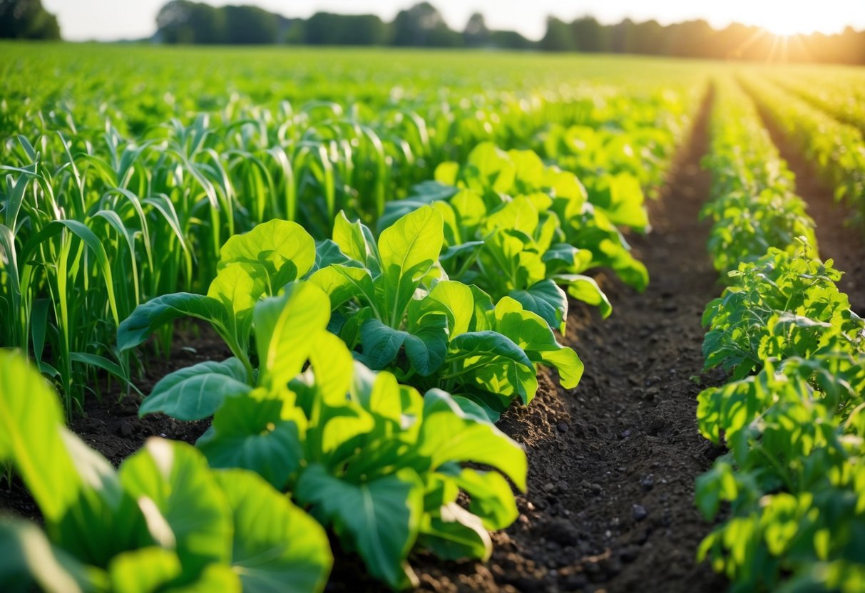 A lush green field with a variety of crops being nourished by locally sourced natural fertilizer. The sun is shining and the soil looks rich and healthy