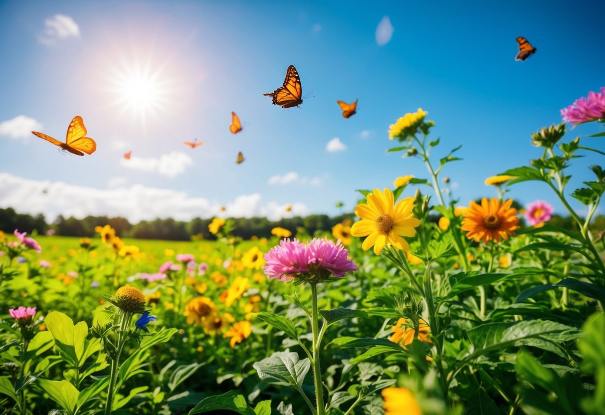 A lush green farm with colorful flowers, buzzing bees, and fluttering butterflies under a bright blue sky