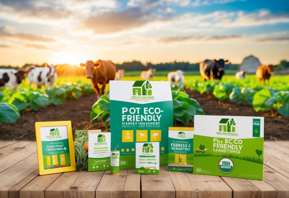 A vibrant farm scene with animals, crops, and eco-friendly marketing materials displayed in a natural setting