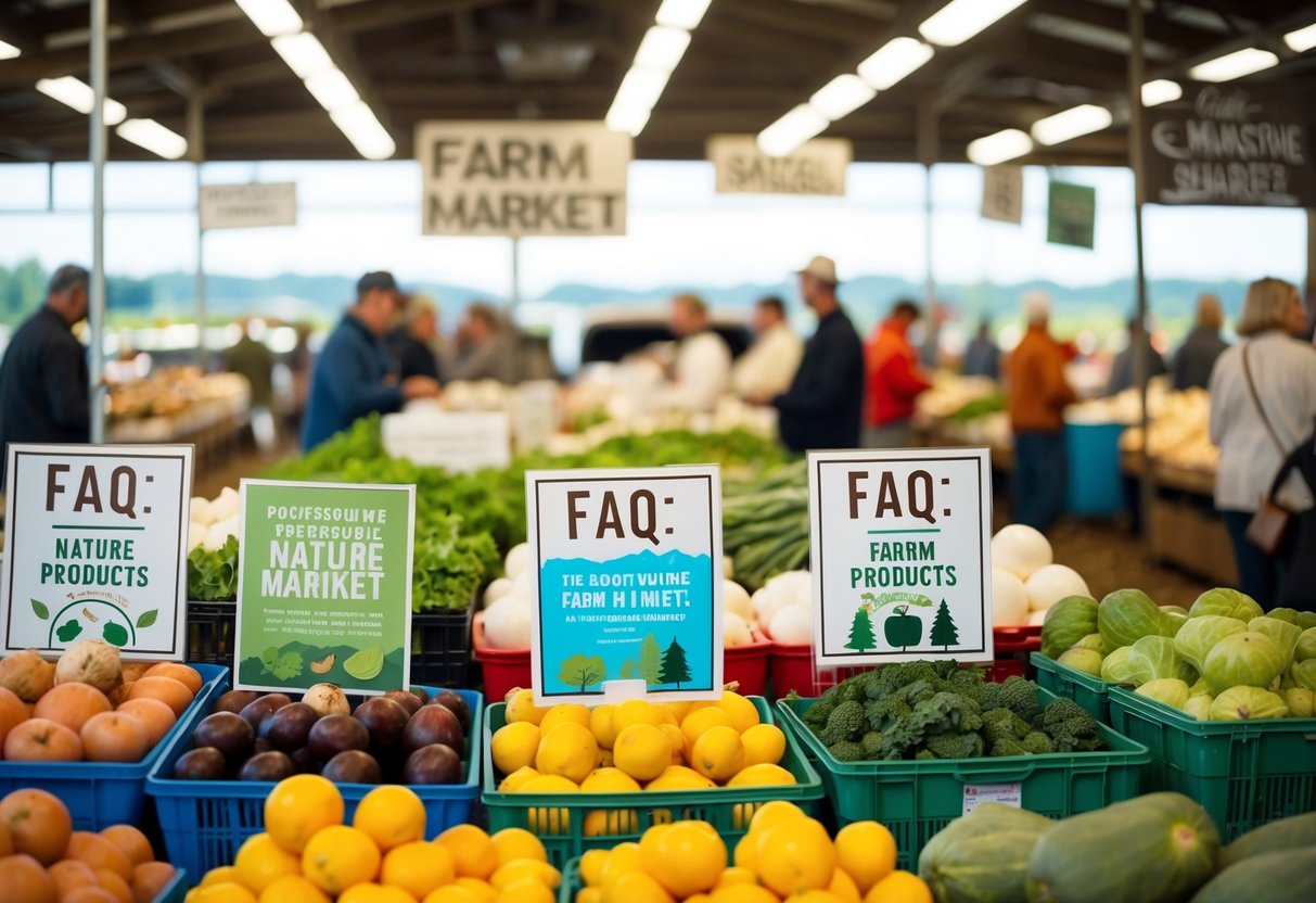 A bustling farm market with signs promoting FAQs about nature and farm products