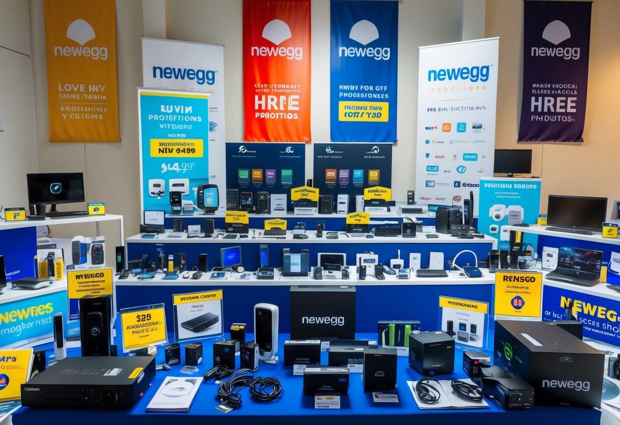 A vibrant display of various electronic products and accessories, surrounded by banners and signs advertising Newegg promotions