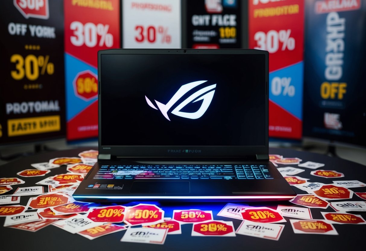 A gaming laptop surrounded by promotional banners and discount stickers