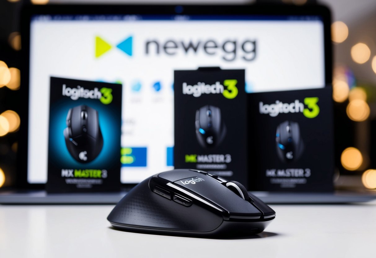 A sleek Logitech MX Master 3 Wireless Mouse displayed on a desk with a Newegg logo and promotional materials in the background