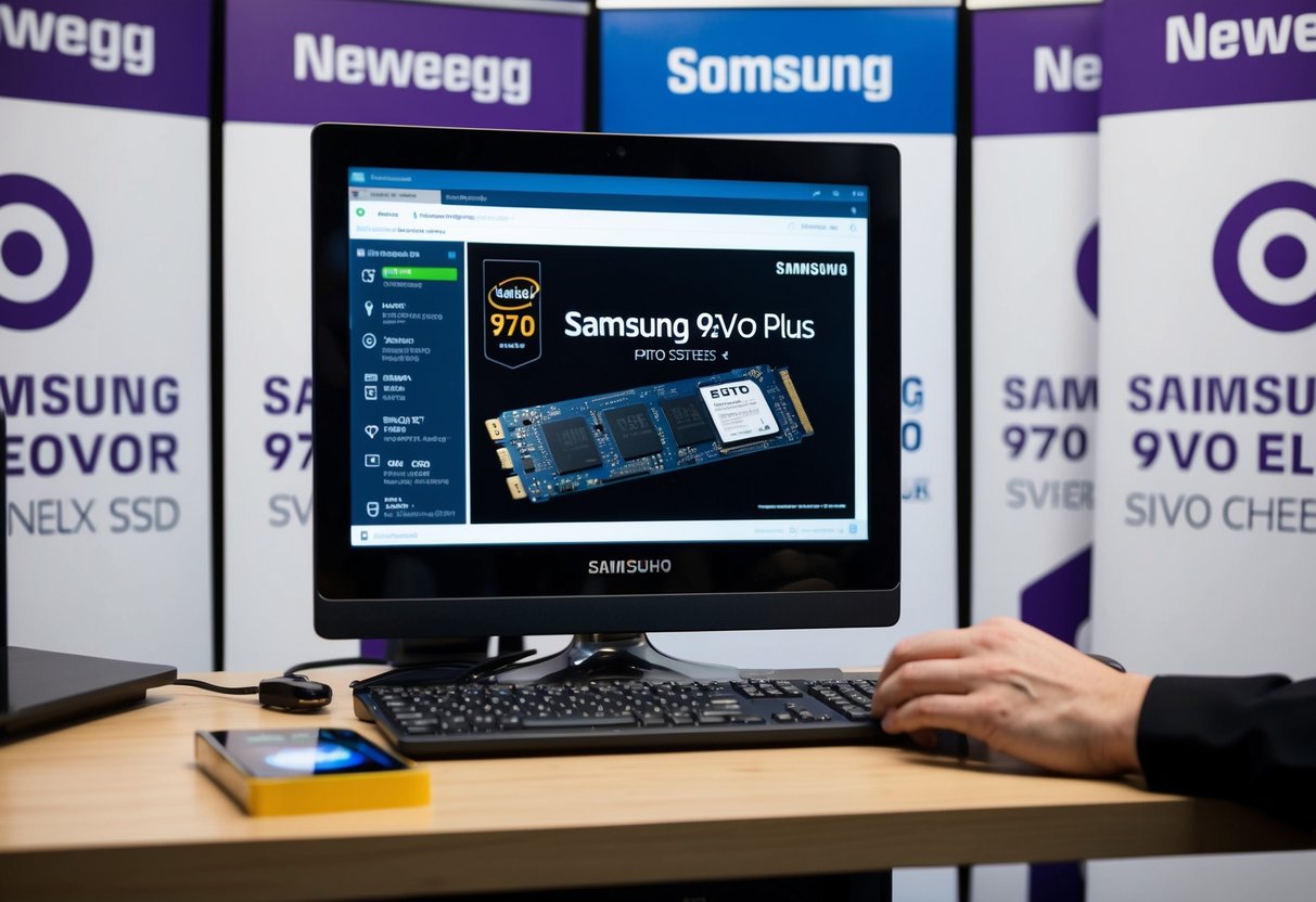 A computer with a Samsung 970 EVO Plus SSD being installed, surrounded by promotional banners and logos from Newegg