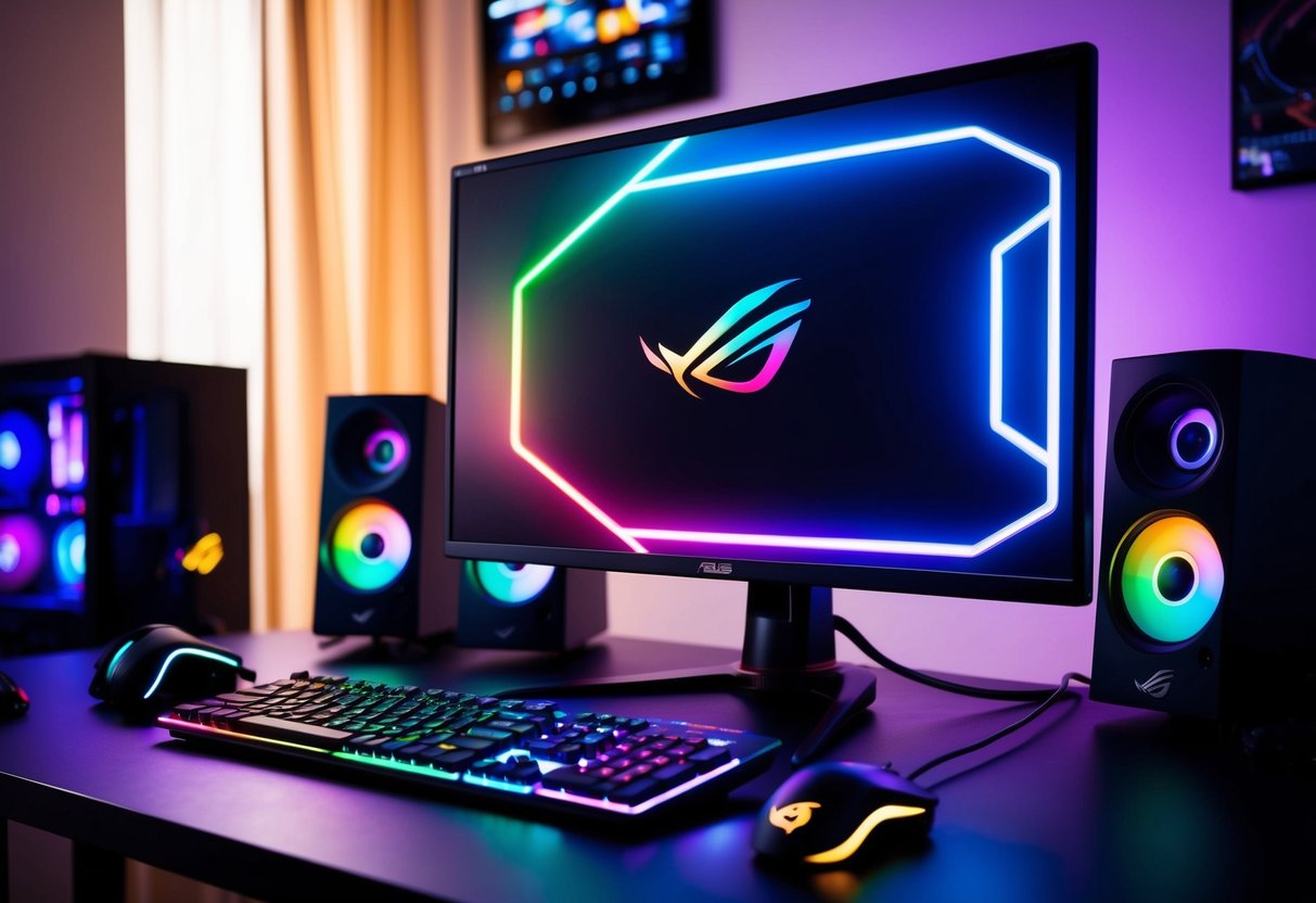 A sleek Asus ROG Strix gaming monitor sits on a desk, surrounded by colorful LED lights and gaming peripherals