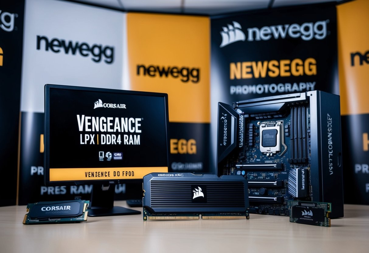 A computer with Corsair Vengeance LPX DDR4 RAM surrounded by Newegg promotion banners