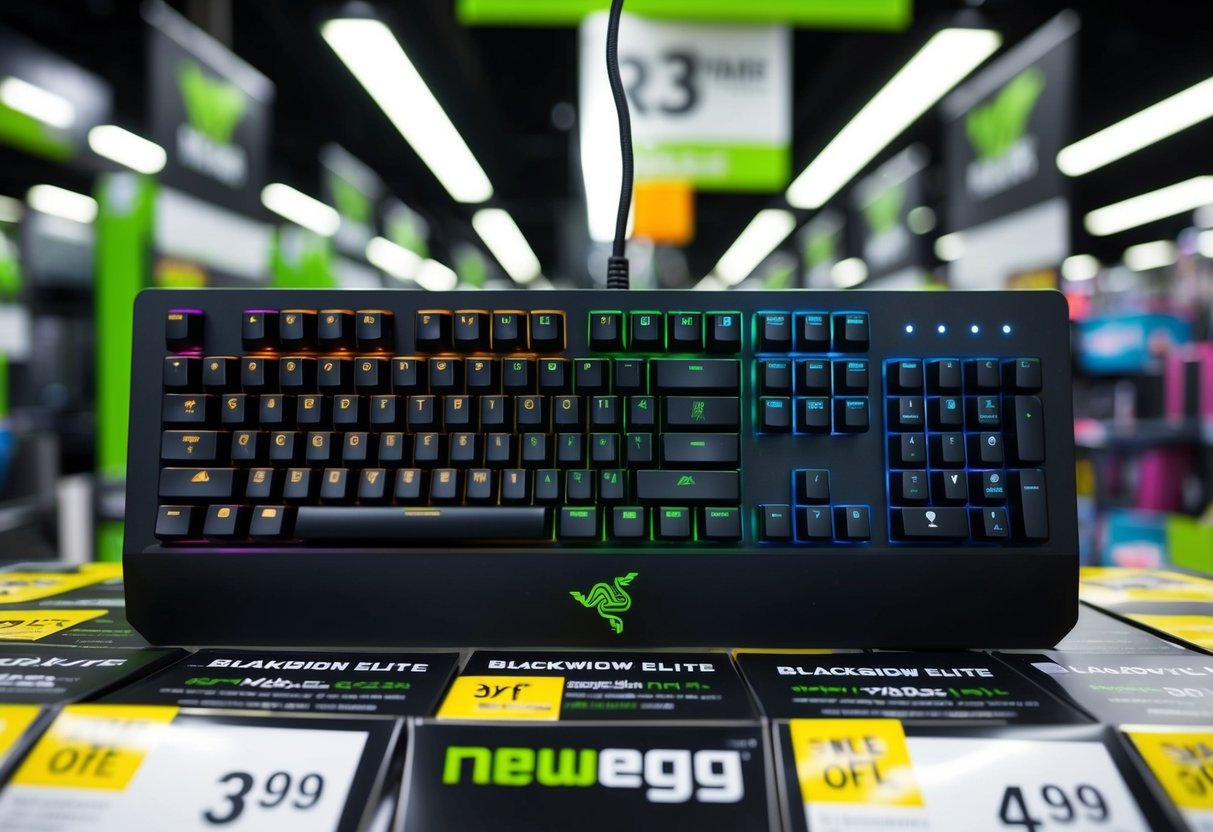A Razer BlackWidow Elite keyboard surrounded by promotional banners and discounts at a Newegg store