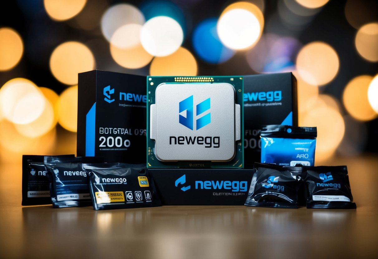 A computer processor surrounded by promotional items and a Newegg logo