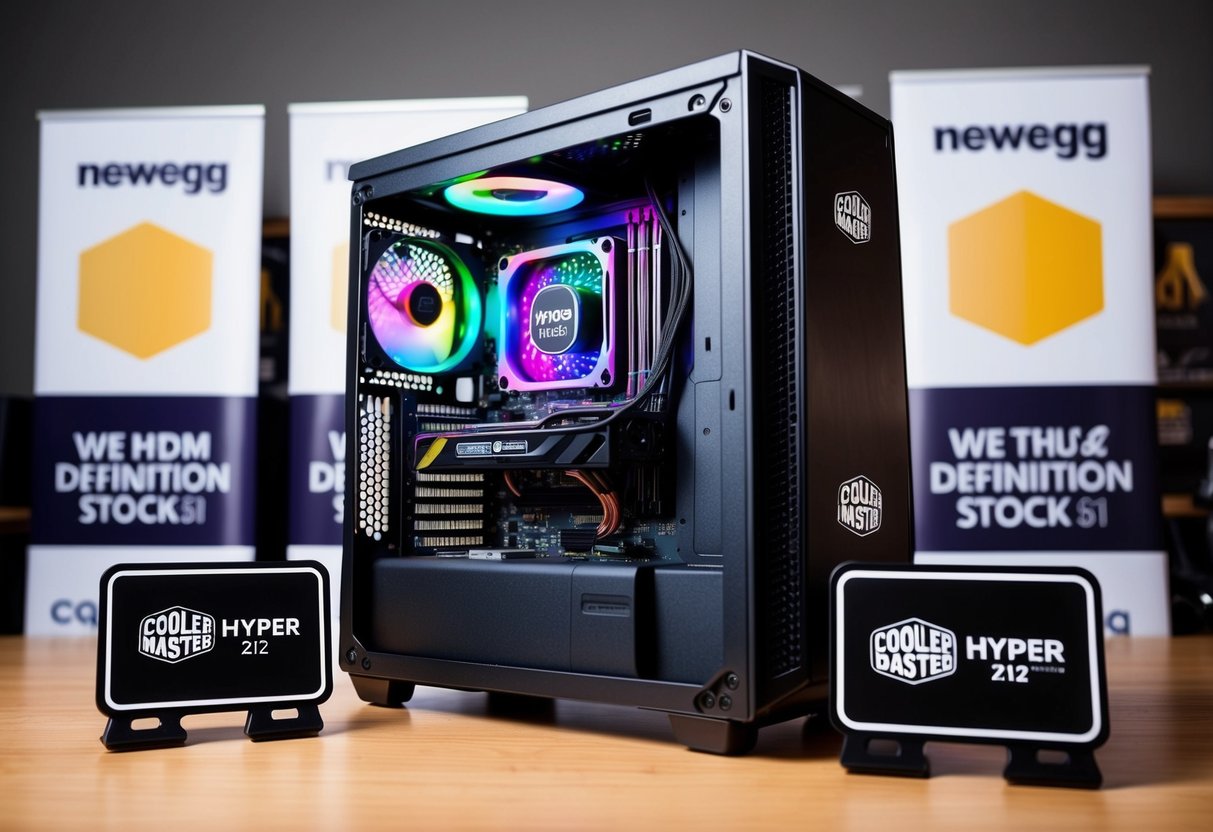 A computer case with a Cooler Master Hyper 212 RGB Cooler installed, surrounded by promotional banners and logos from Newegg