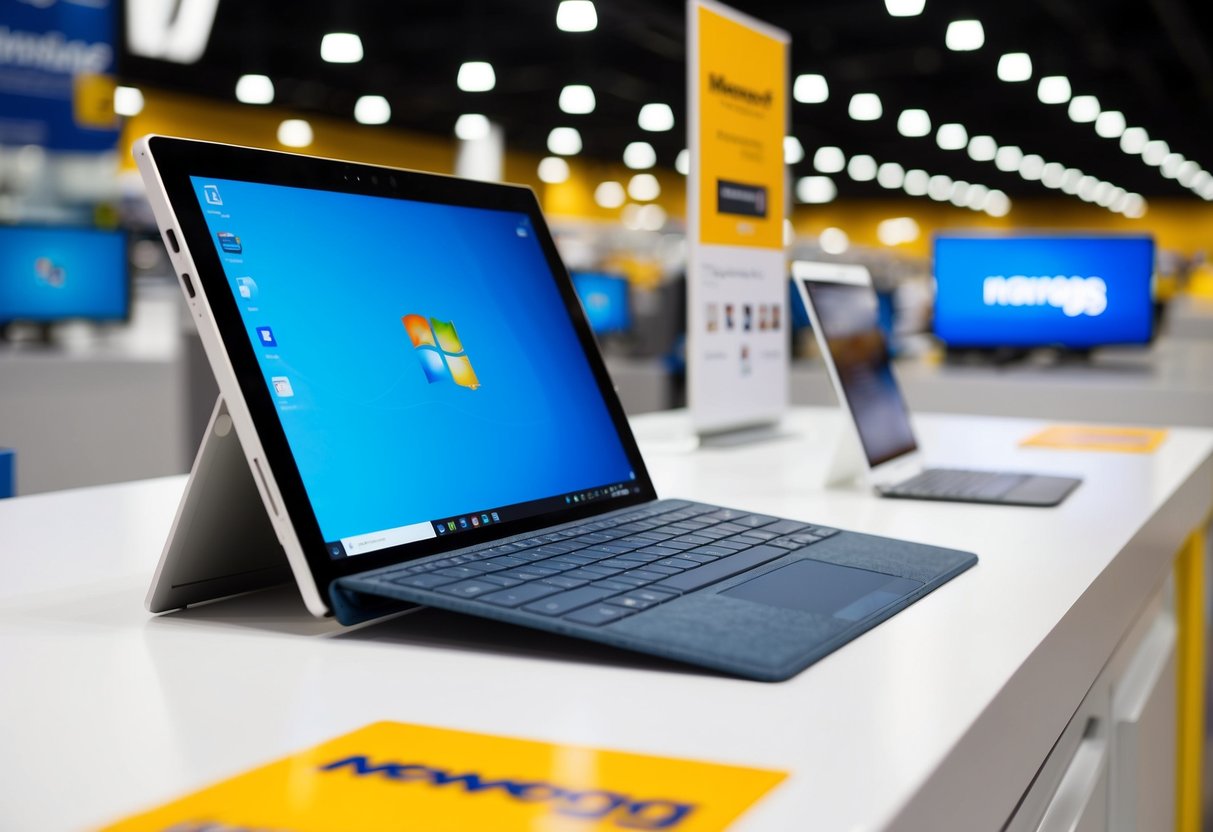 A sleek Microsoft Surface Pro 7 displayed with promotional signage at a Newegg store