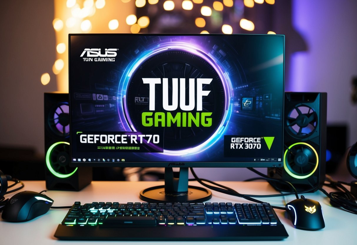 A computer monitor displaying ASUS TUF Gaming GeForce RTX 3070 with promotional graphics and logos, surrounded by gaming peripherals and accessories