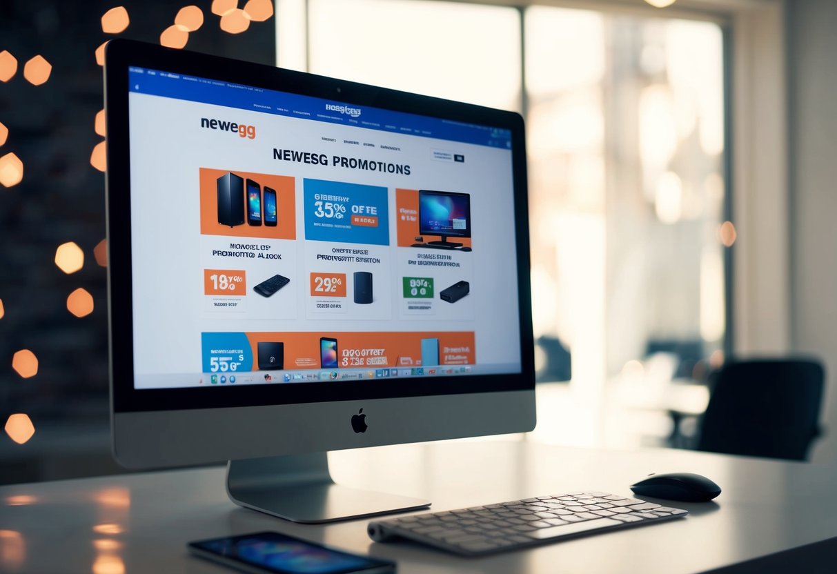 A computer screen displaying Newegg promotions with various electronic products and discount offers