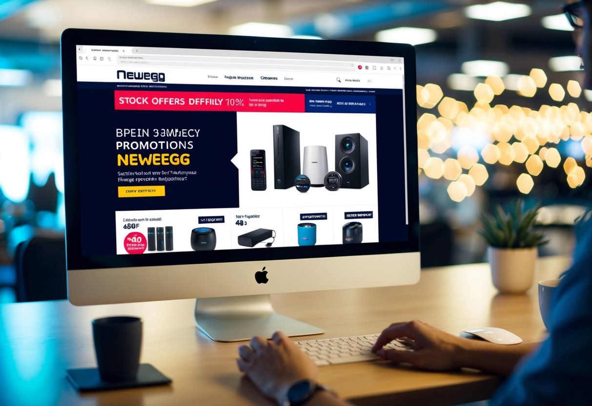 A computer screen displaying Newegg promotions with a variety of discounted products and special offers