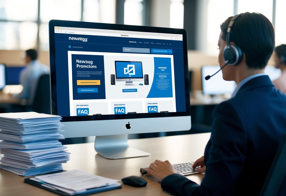 A computer screen with a webpage open to newegg promotions, surrounded by a stack of FAQ documents and a customer service representative's headset