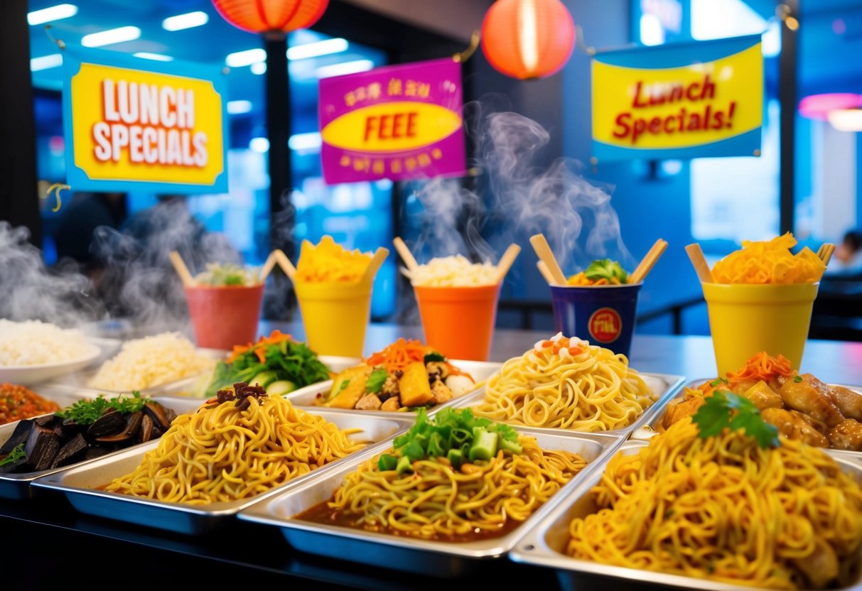 A colorful display of steaming hot noodles and various toppings on a table, with vibrant banners promoting lunch specials